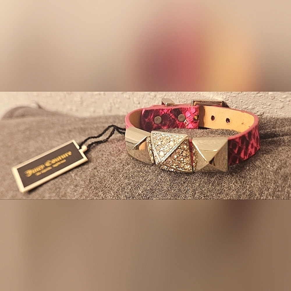 Juicy Couture Pink Leather Pyramid Stud Buckle Cuff Bracelet NWT Y2K Rare